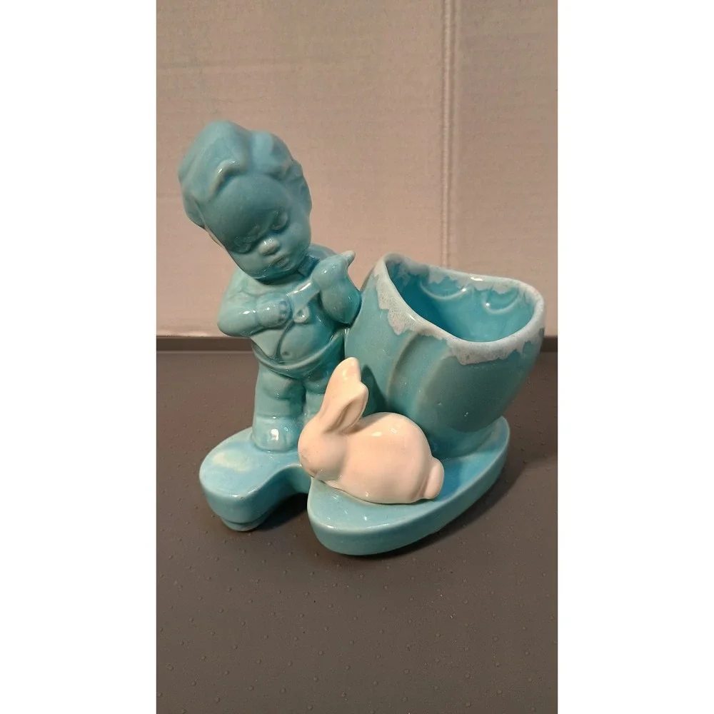 Vintage Ceramic Boy with Bunny Planter Nursery Blue White Excellent Mid Century